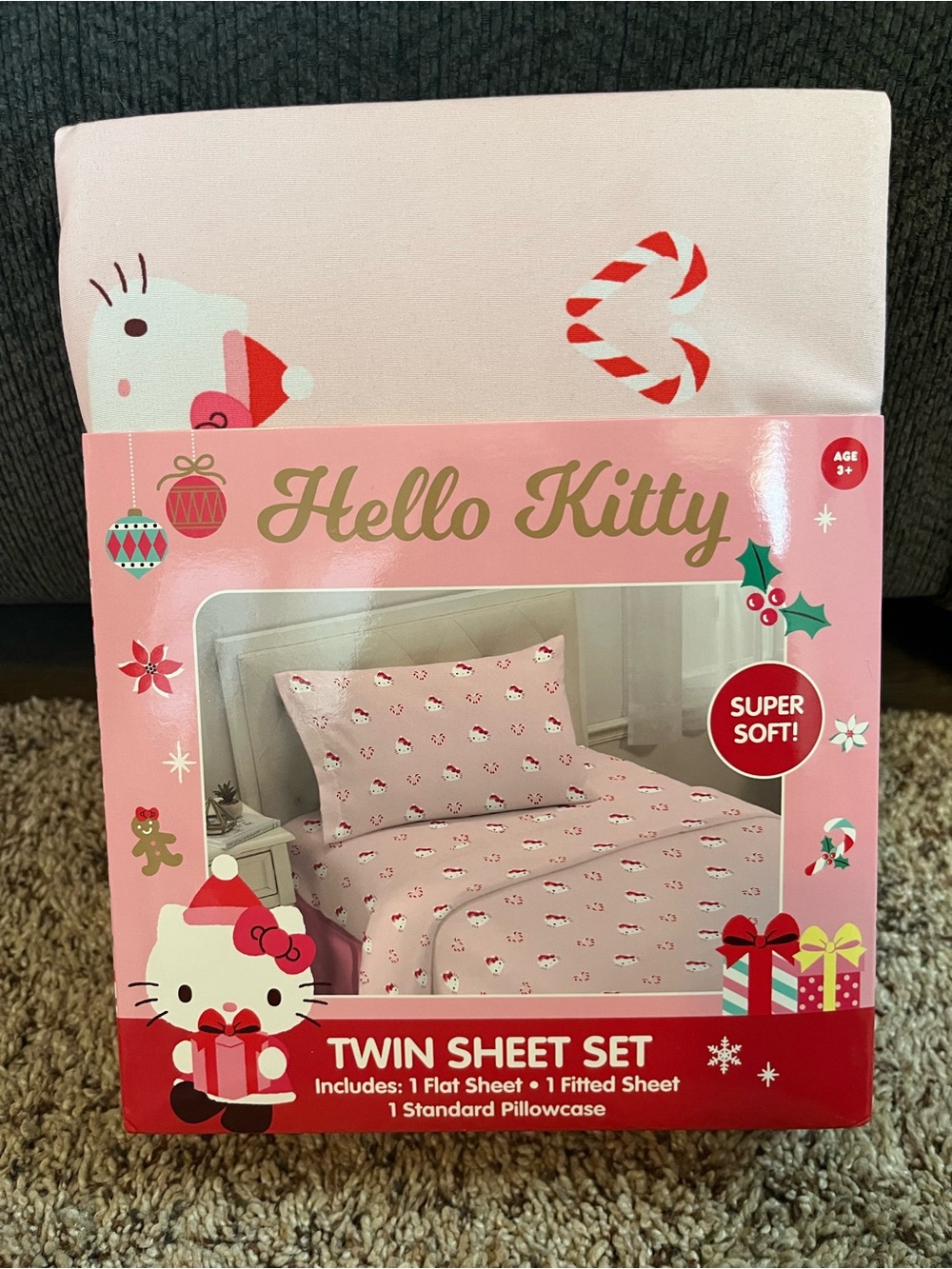Hello Kitty Holiday Sheet Set - Christmas- Candy Canes - Pink - 3-Piece Set